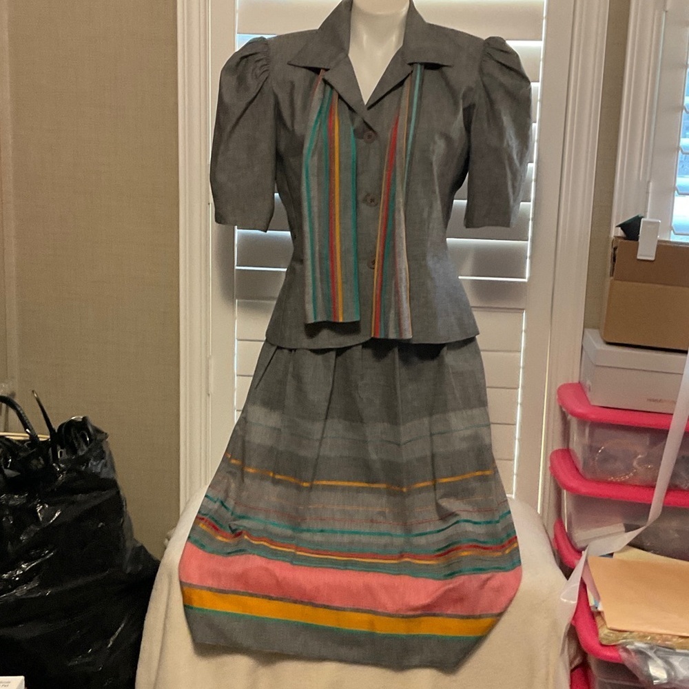 Teri Jon Gray Midi Dress with Multicolor Stripes